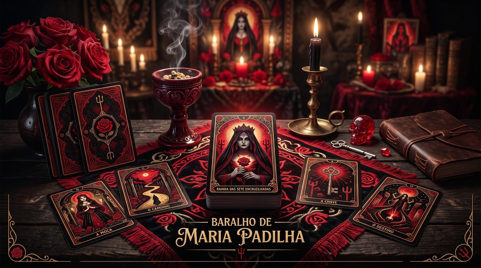 Baralho de Maria Padilha sobre um altar com rosas vermelhas, velas e um cálice, ambientação mística em tons de vermelho e dourado.